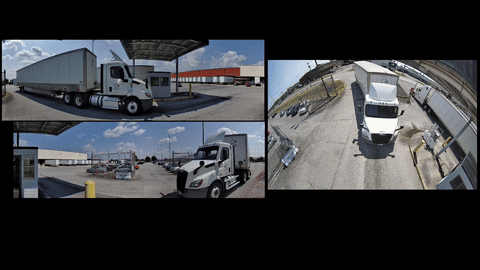 Live Motoring Logisight gate scan showing synchronized camera views of a truck at a fleet terminal